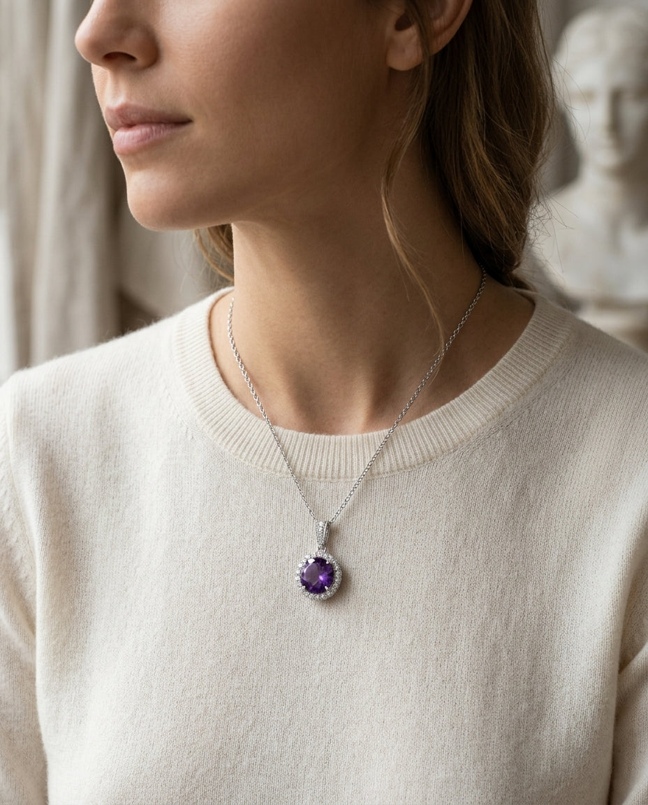 Amethyst & Diamond Round Halo Pendant 1/6ctw Adjustable 16-18 Inch Chain in 14K White Gold - editorial hero