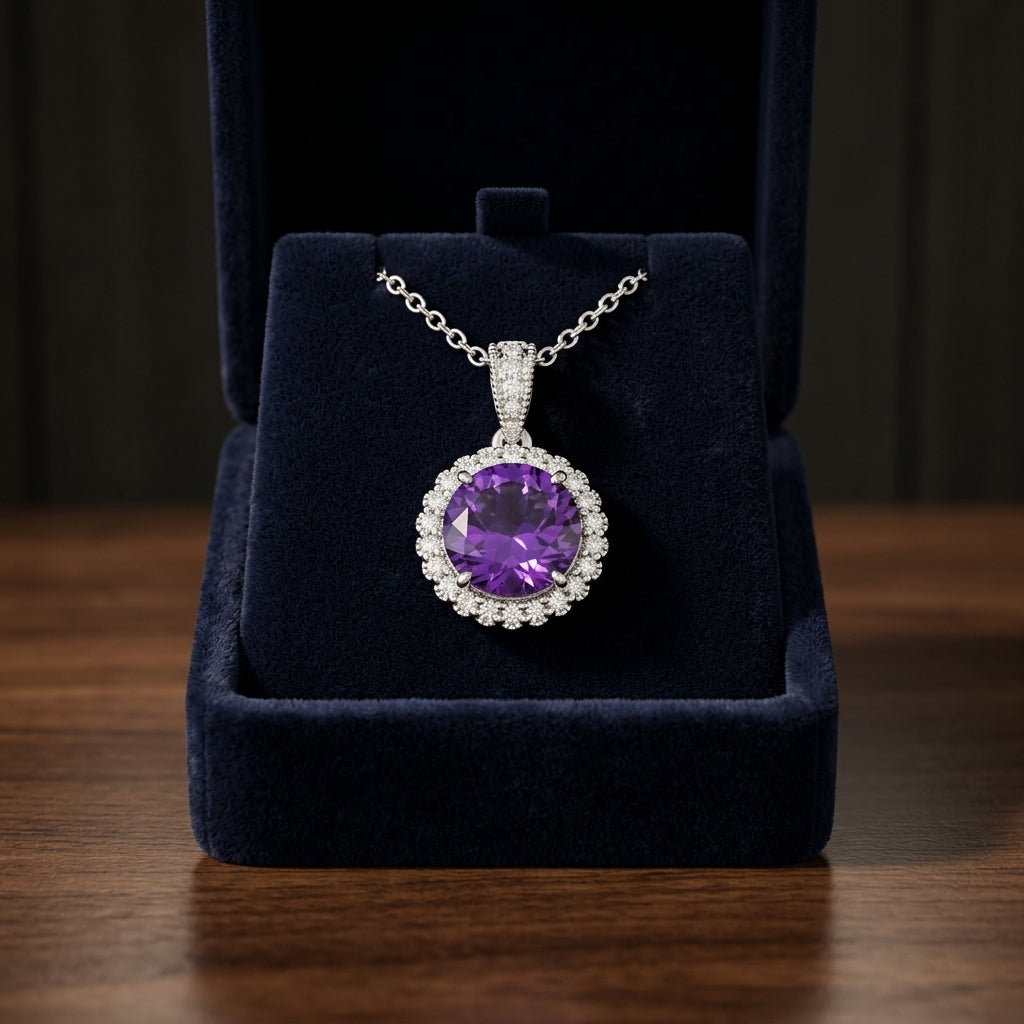 Amethyst & Diamond Round Halo Pendant 1/6ctw Adjustable 16-18 Inch Chain in 14K White Gold - presentation