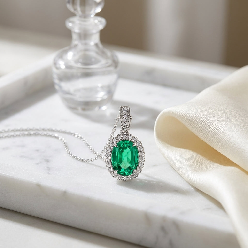 Created Emerald & Diamond Oval Halo Pendant 1/6ctw Adjustable 16-18 Inch Chain in 14K White Gold - editorial hero