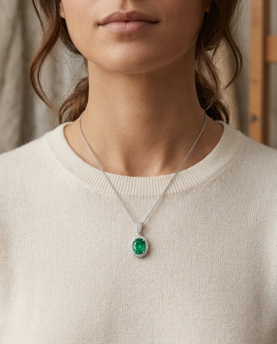 Created Emerald & Diamond Oval Halo Pendant 1/6ctw Adjustable 16-18 Inch Chain in 14K White Gold - lifestyle