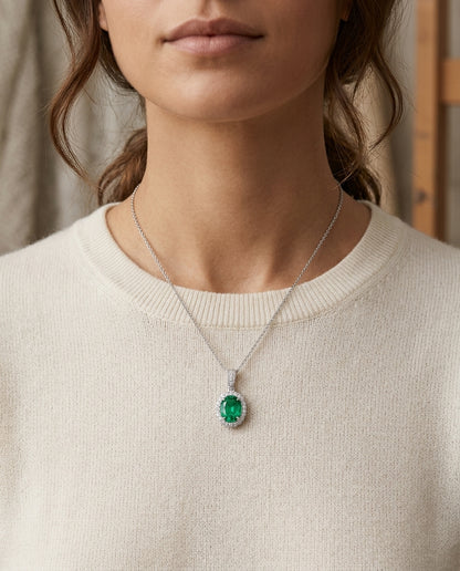 Created Emerald & Diamond Oval Halo Pendant 1/6ctw Adjustable 16-18 Inch Chain in 14K White Gold - lifestyle