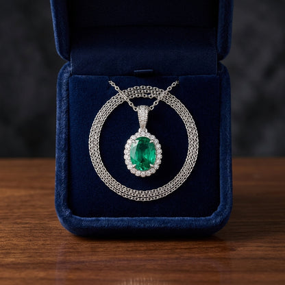 Created Emerald & Diamond Oval Halo Pendant 1/6ctw Adjustable 16-18 Inch Chain in 14K White Gold - presentation