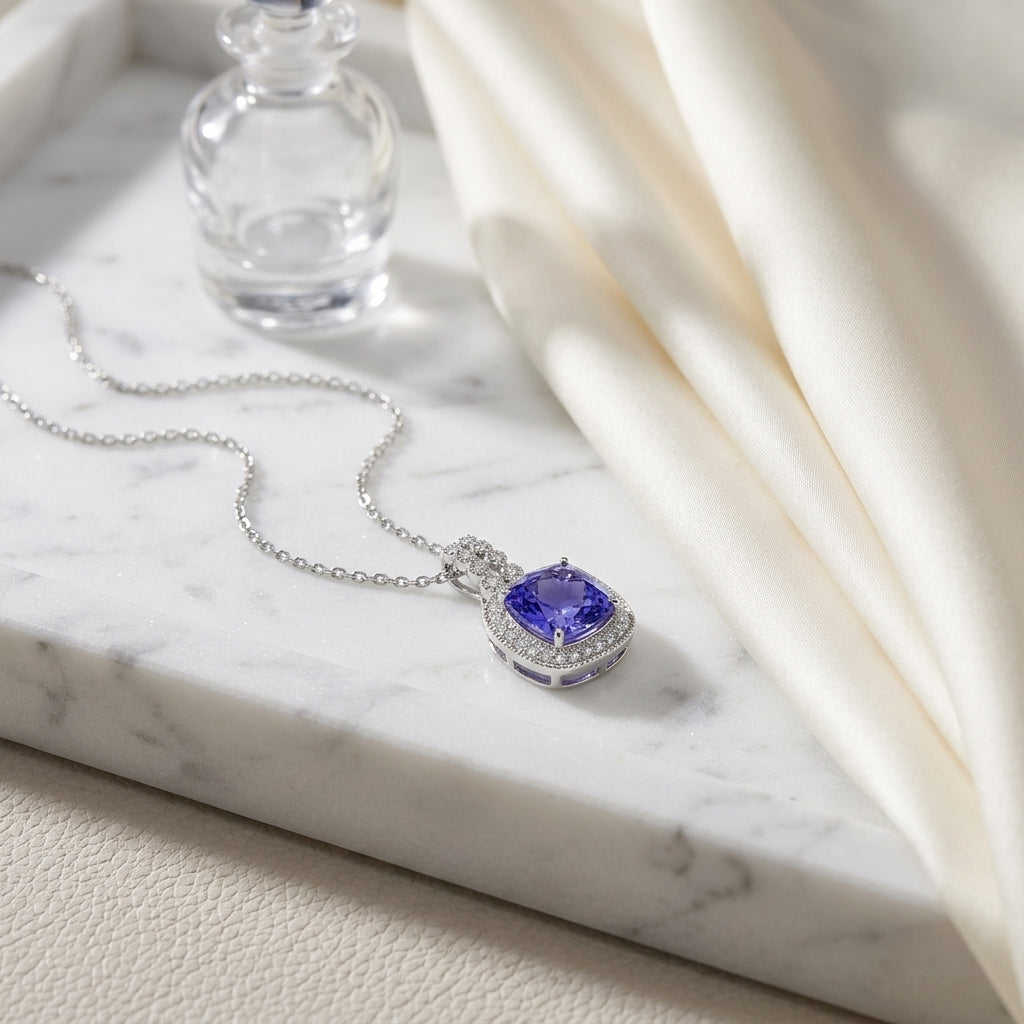 Tanzanite Cushion Halo Diamond Pendant 1/5ctw in 14K White Gold - editorial hero