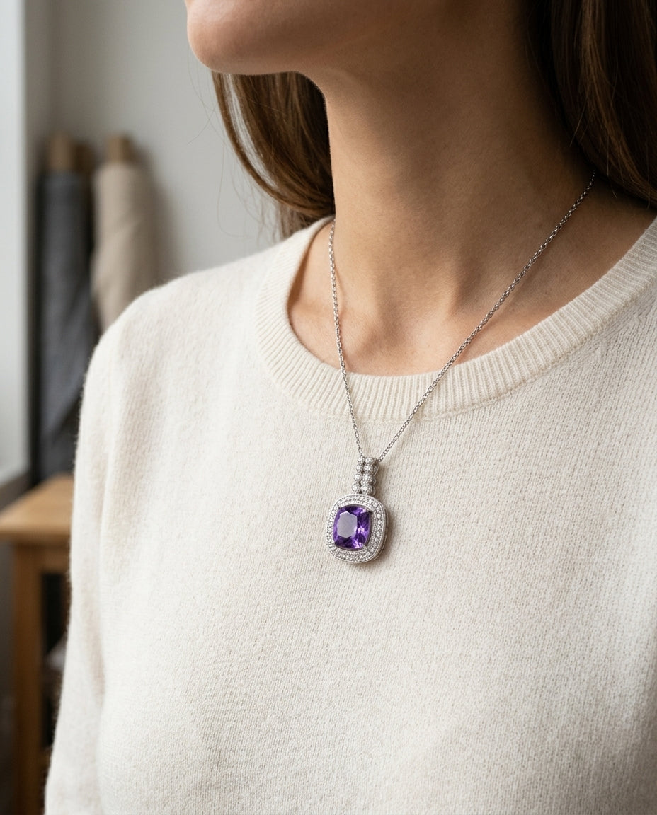 Tanzanite Cushion Halo Diamond Pendant 1/5ctw in 14K White Gold - lifestyle
