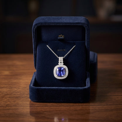 Tanzanite Cushion Halo Diamond Pendant 1/5ctw in 14K White Gold - presentation