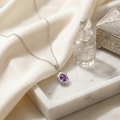 Oval Amethyst Pendant 0.70ct and 0.028ctw Diamond Set in 14k White Gold 16-18 Adj Chain — marble silk