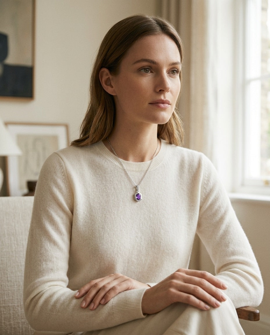 Oval Amethyst Pendant 0.70ct and 0.028ctw Diamond Set in 14k White Gold 16-18 Adj Chain — portrait full