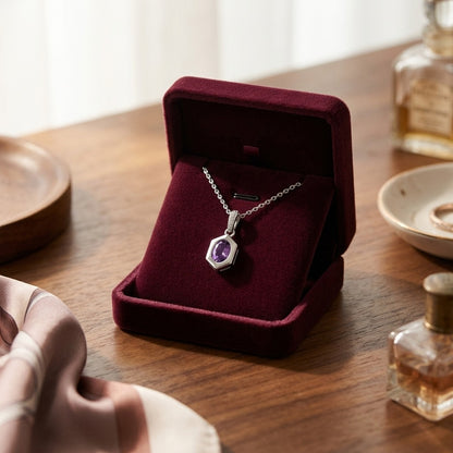 Oval Amethyst Pendant 0.70ct and 0.028ctw Diamond Set in 14k White Gold 16-18 Adj Chain — velvet box