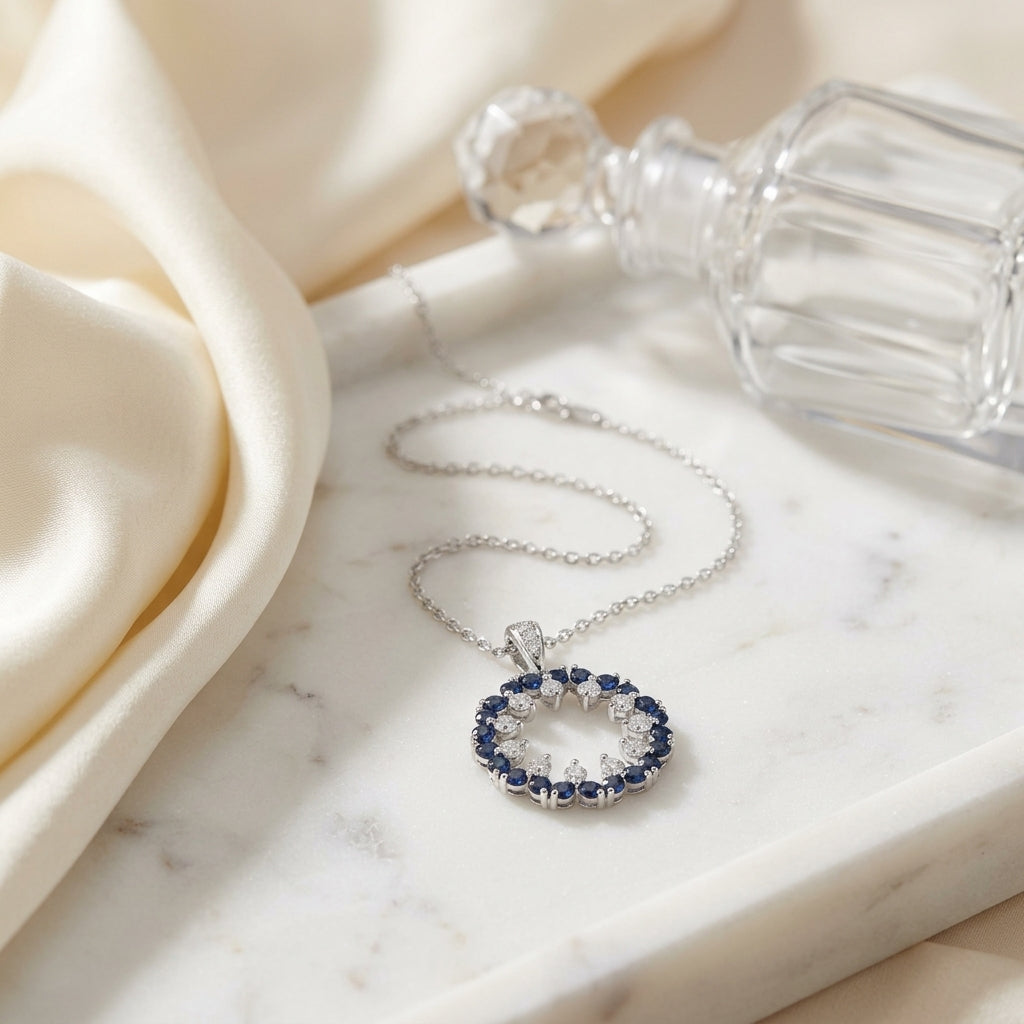 Sapphire and Diamond Circle Pendant in 14k White Gold 1/2ctw — atelier still life