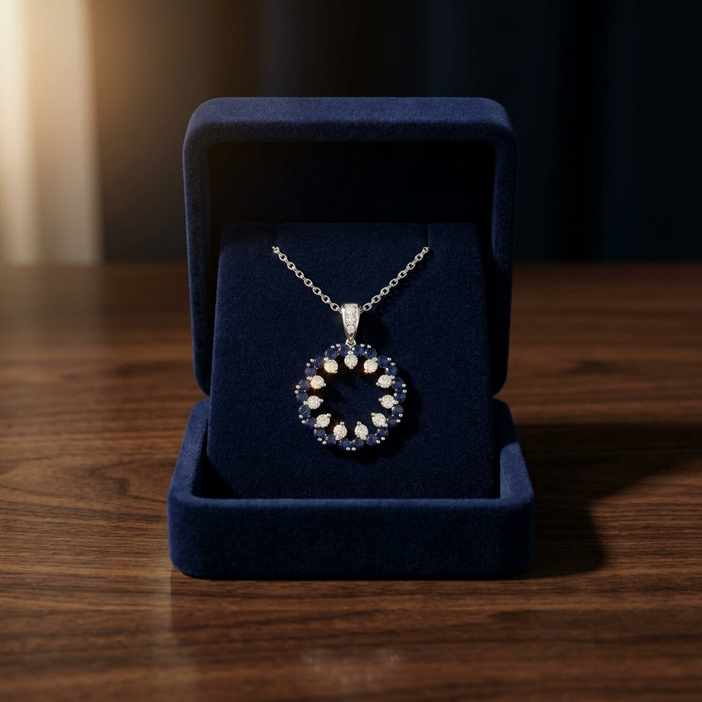 Sapphire and Diamond Circle Pendant in 14k White Gold 1/2ctw — gift presentation