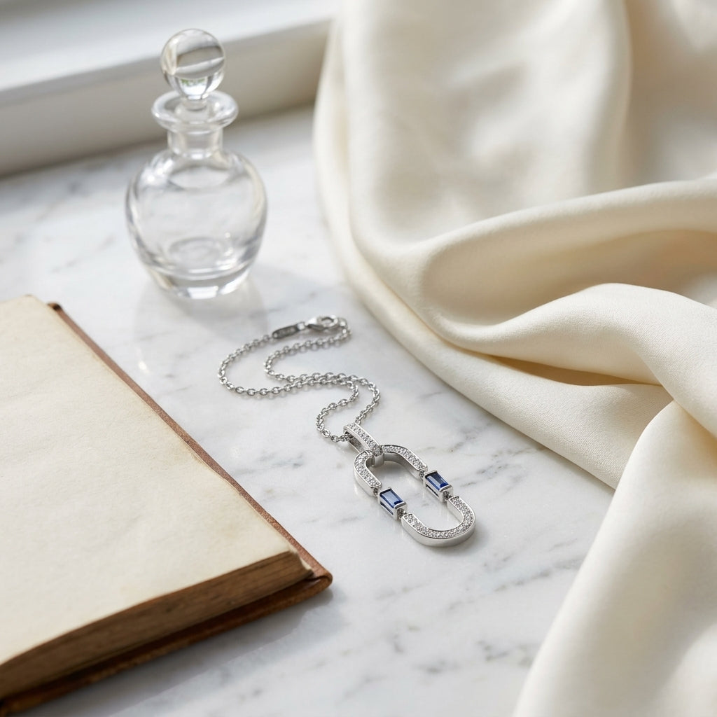 Sapphire and Diamond Flexible Paperclip Pendant in 14k White Gold 1/5ctw — atelier still life