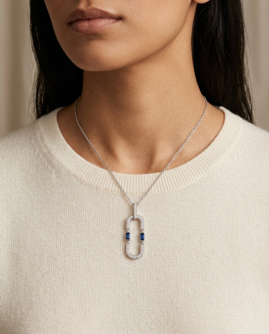 Sapphire and Diamond Flexible Paperclip Pendant in 14k White Gold 1/5ctw — editorial close-up