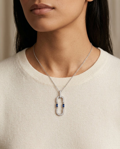Sapphire and Diamond Flexible Paperclip Pendant in 14k White Gold 1/5ctw — editorial close-up