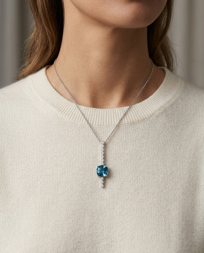 London Blue Topaz and Diamond Stick Pendant in 14k White Gold 1/5ctw — editorial close-up