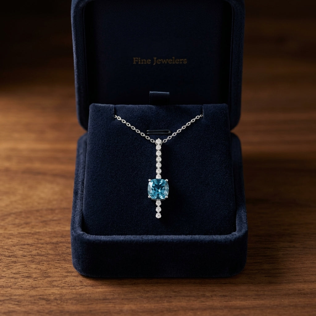 London Blue Topaz and Diamond Stick Pendant in 14k White Gold 1/5ctw — gift presentation