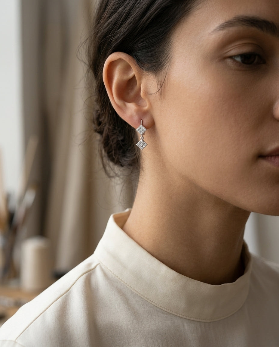14k White Gold 0.65 Ctw Double Diamond Shape Drop Earrings — editorial close-up