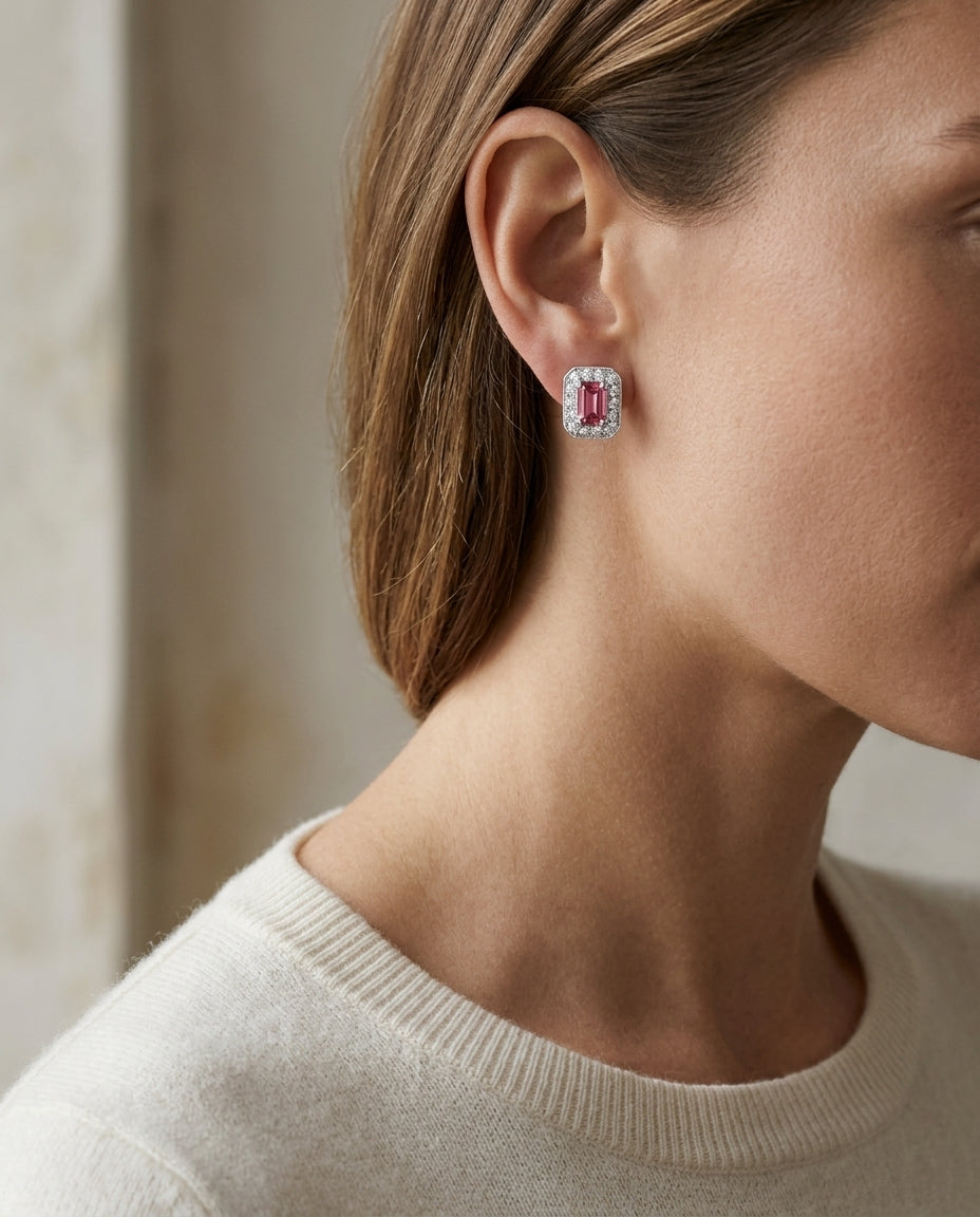 Pink Tourmaline Octagon Earrings In 14k White Gold — editorial close-up