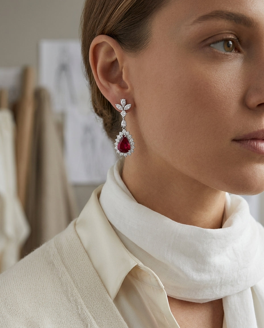 Rubellite And Diamond Teardrop Dangle Earrings In 14k White Gold (3.49 Ctw) — editorial close-up