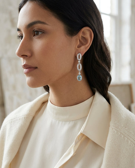 Aquamarine And Diamond Oval Links Dangle Earrings In 14k White Gold (8x6mm) — editorial close-up