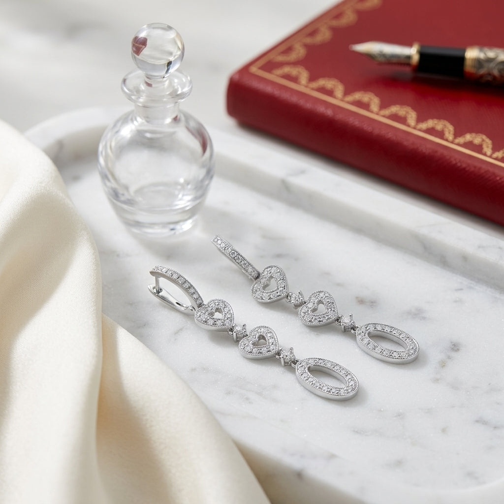 Diamond Hearts Dangle Earrings In 14k White Gold — atelier still life