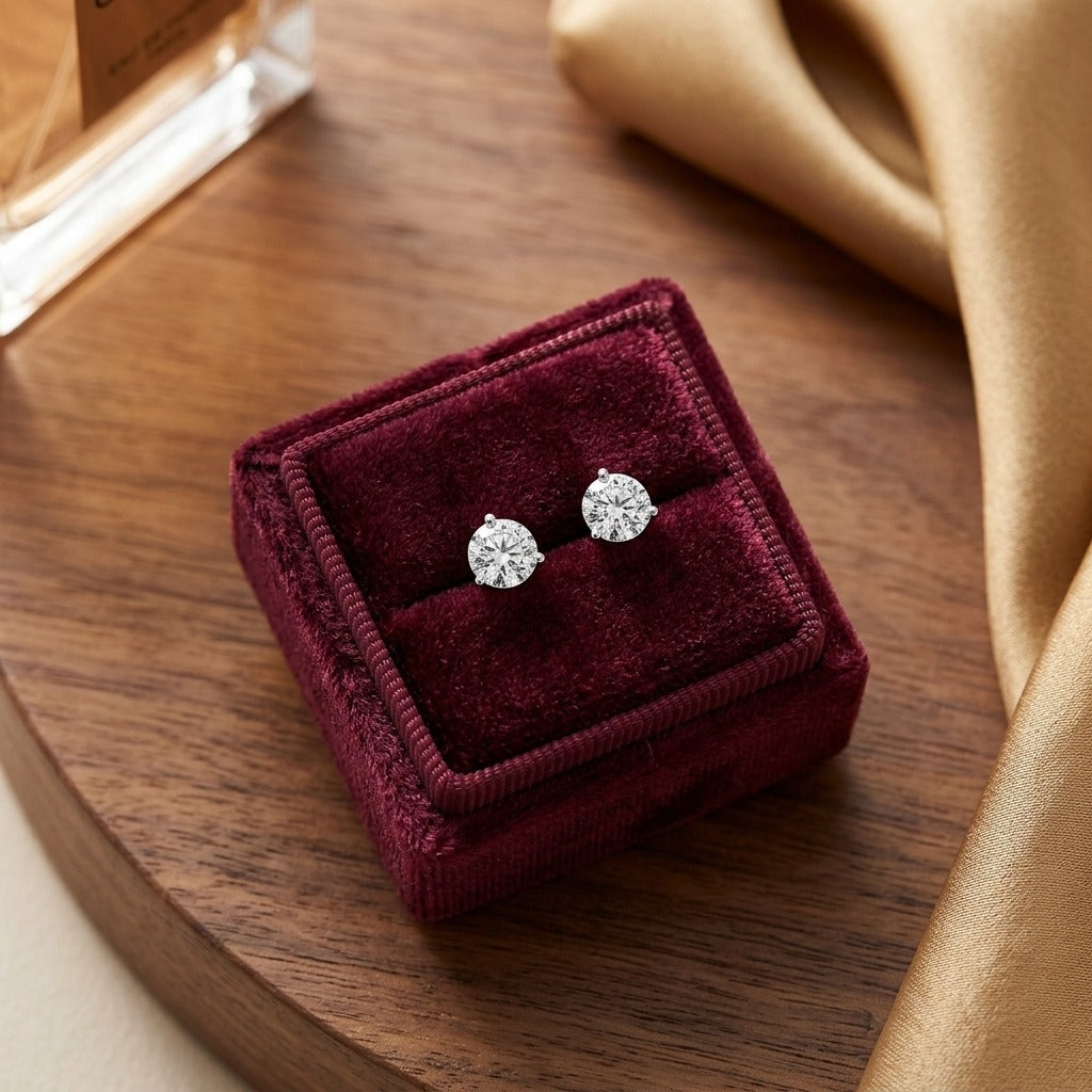 Diamond Round 3-prong Martini Studs 14k White Gold — velvet box