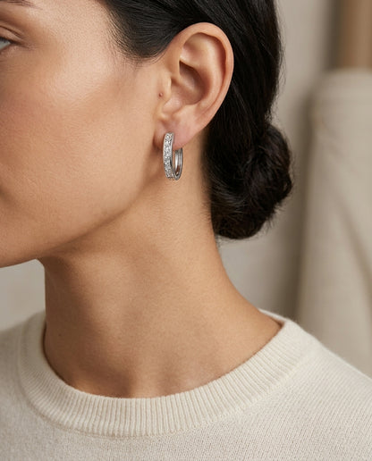 Diamond Princess Cut Oval Channel Hinged Hoop Earrings In 14k White Gold (1 Ctw) — editorial close-up
