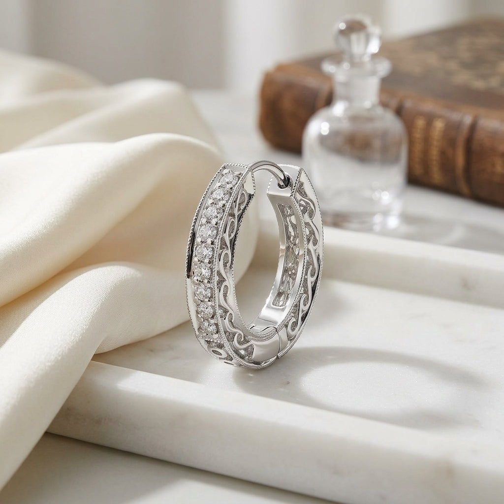 Diamond Filigree Huggie Earrings In 14k White Gold 1/5ctw — atelier still life