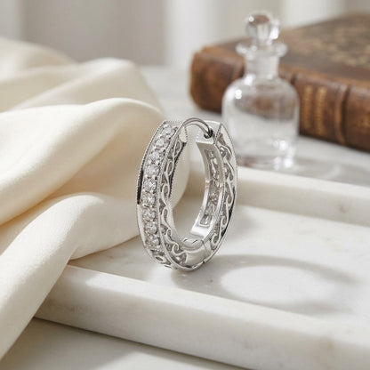 Diamond Filigree Huggie Earrings In 14k White Gold 1/5ctw — atelier still life
