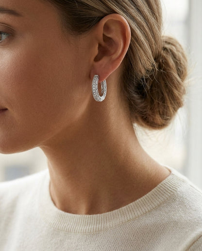 Diamond Filigree Huggie Earrings In 14k White Gold 1/5ctw — editorial close-up