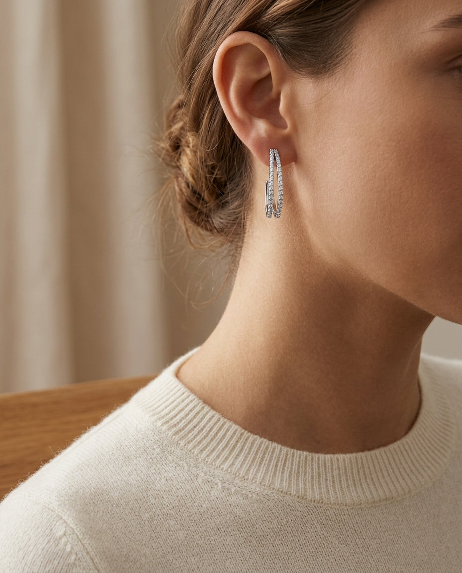 Diamond Half Hoop Earring In 14k White Gold — editorial close-up