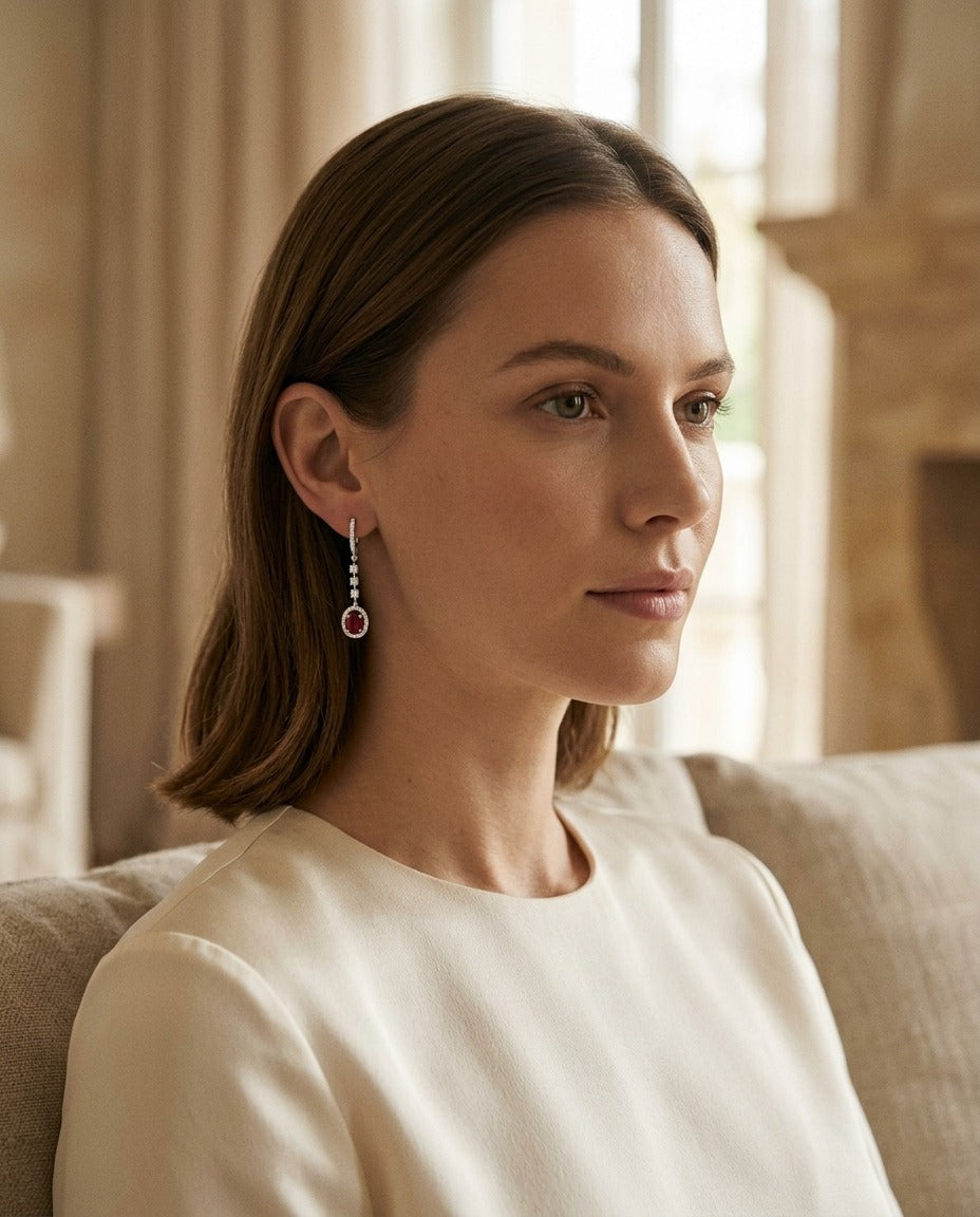 Ruby And Diamond Dangle Oval Halo Earrings In 14k White Gold (6x4mm) — portrait close