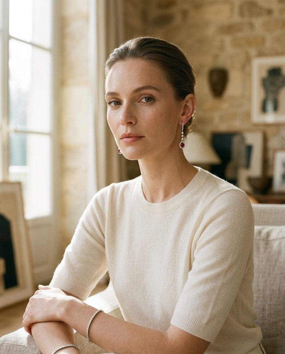 Ruby And Diamond Dangle Oval Halo Earrings In 14k White Gold (6x4mm) — portrait full