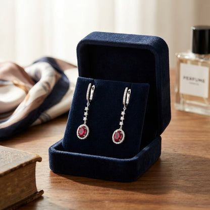 Ruby And Diamond Dangle Oval Halo Earrings In 14k White Gold (6x4mm) — velvet box