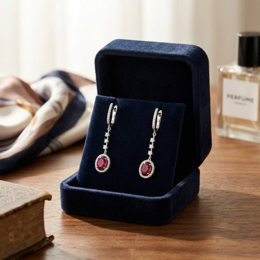 Ruby And Diamond Dangle Oval Halo Earrings In 14k White Gold (6x4mm) — velvet box