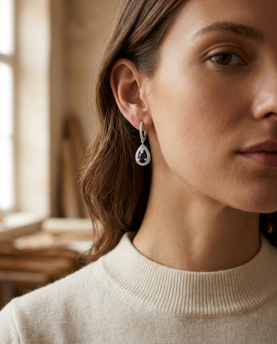 Sapphire Oval And Diamond Earrings In 14k White Gold — editorial close-up