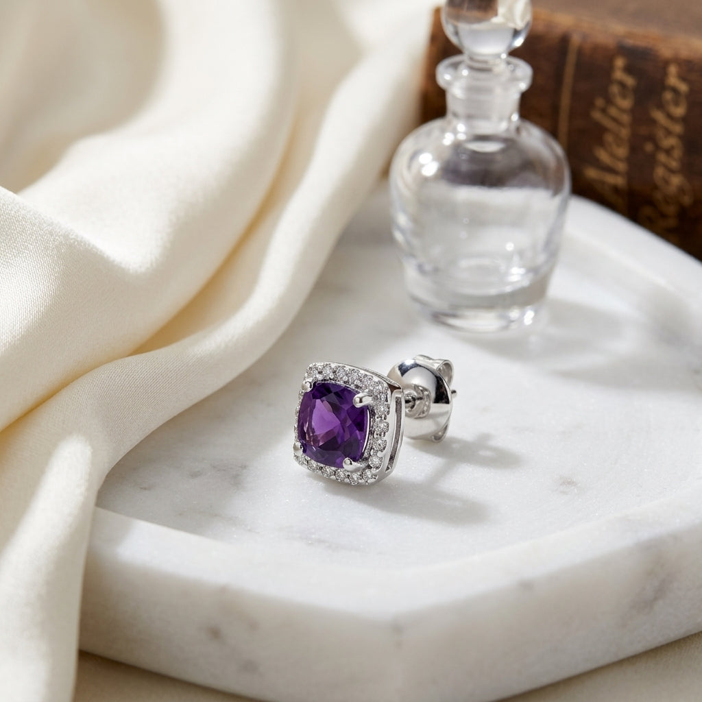 Amethyst And Diamond Cushion Halo Earrings In 14k White Gold — atelier still life