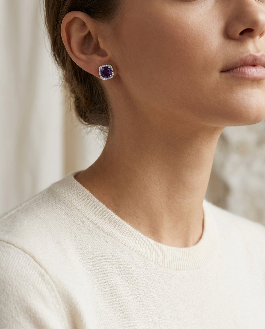 Amethyst And Diamond Cushion Halo Earrings In 14k White Gold — editorial close-up