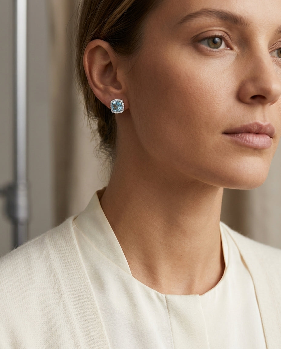 Aquamarine And Diamond Earrings In 14k White Gold — editorial close-up