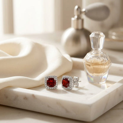 Garnet and Diamond Cushion Halo Earrings in 14k White Gold — marble silk