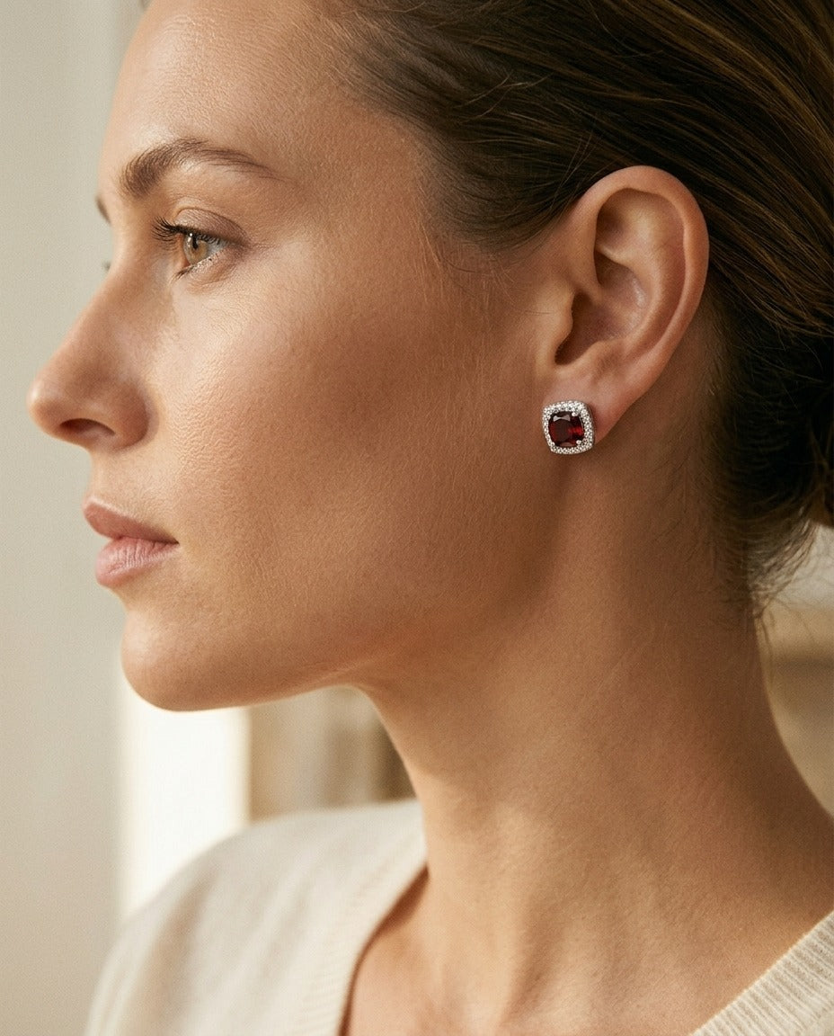 Garnet and Diamond Cushion Halo Earrings in 14k White Gold — portrait close