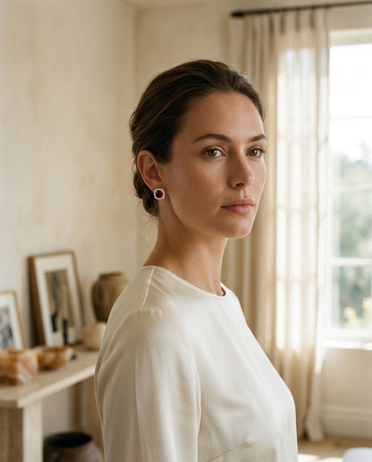 Garnet and Diamond Cushion Halo Earrings in 14k White Gold — portrait full