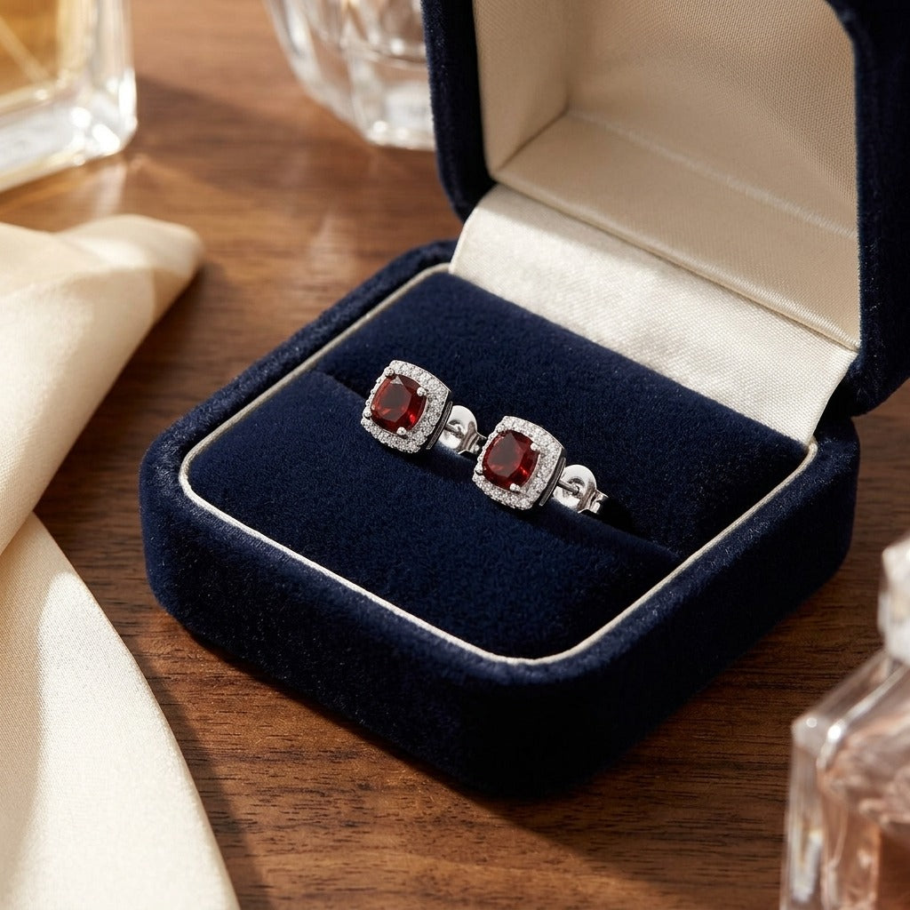 Garnet and Diamond Cushion Halo Earrings in 14k White Gold — velvet box