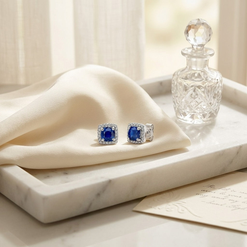 Sapphire and Diamond Cushion Halo Earrings in 14k White Gold — marble silk