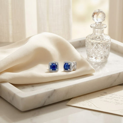 Sapphire and Diamond Cushion Halo Earrings in 14k White Gold — marble silk