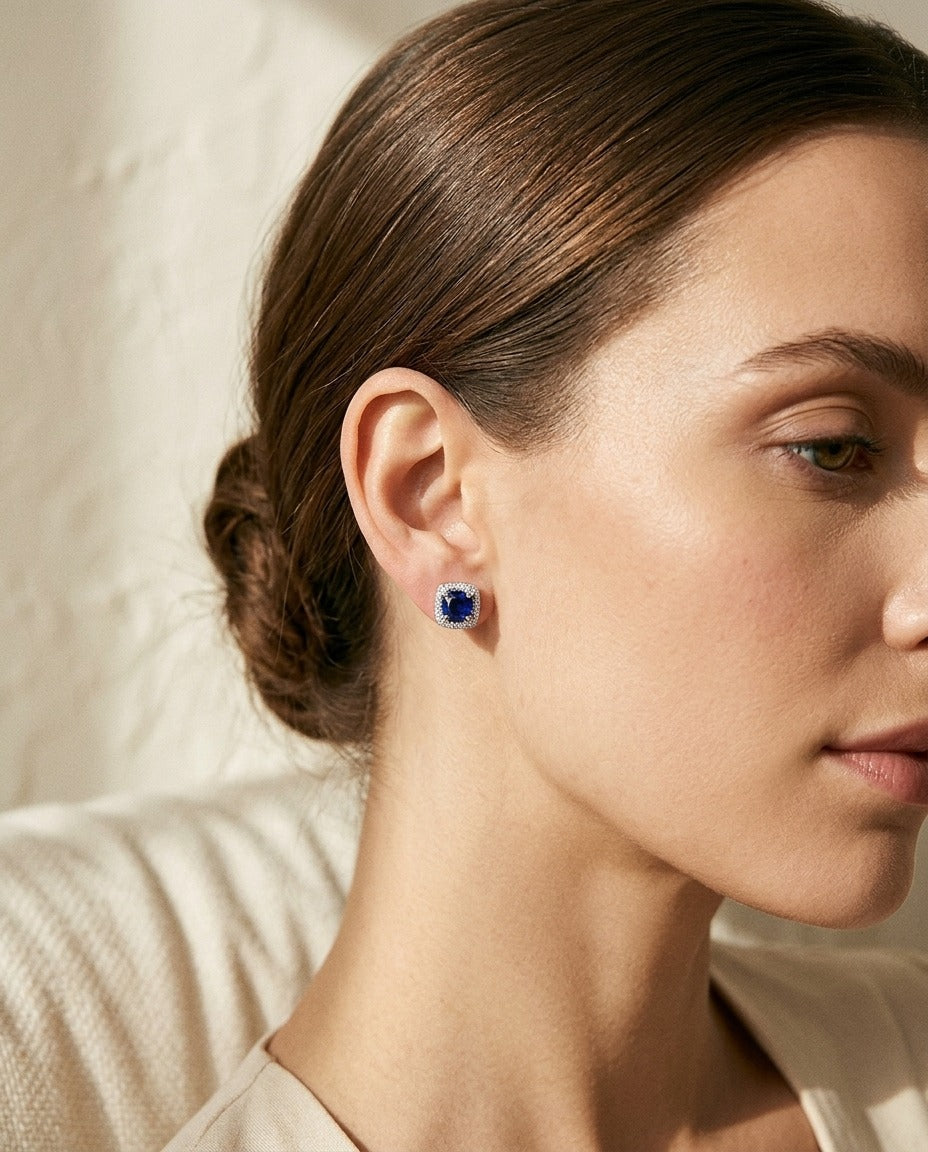Sapphire and Diamond Cushion Halo Earrings in 14k White Gold — portrait close