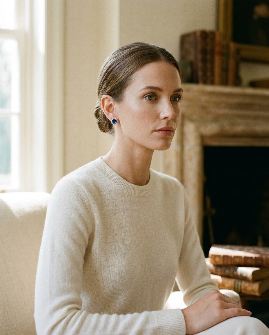 Sapphire and Diamond Cushion Halo Earrings in 14k White Gold — portrait full