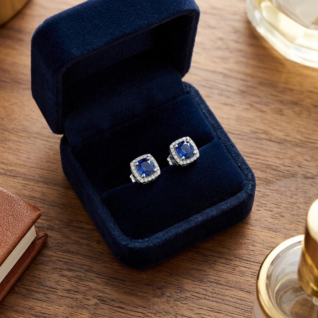 Sapphire and Diamond Cushion Halo Earrings in 14k White Gold — velvet box