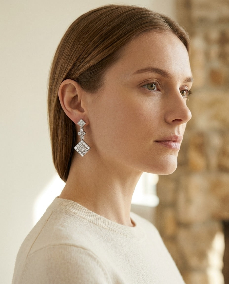 Diamond Princess/round Dangle Earrings 14k White Gold — portrait close