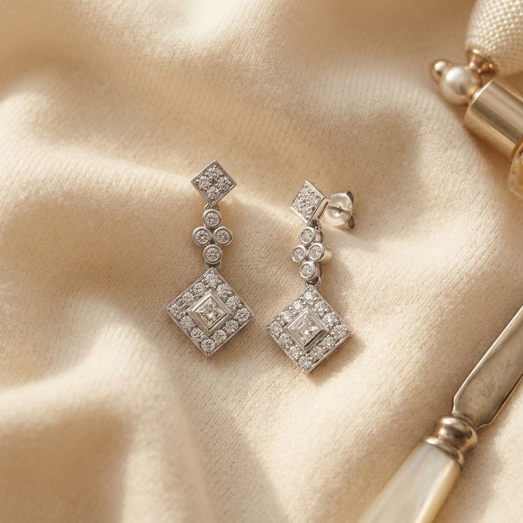 Diamond Princess/round Dangle Earrings 14k White Gold — textile flat lay