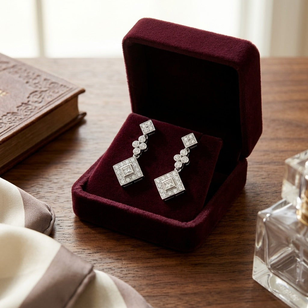 Diamond Princess/round Dangle Earrings 14k White Gold — velvet box